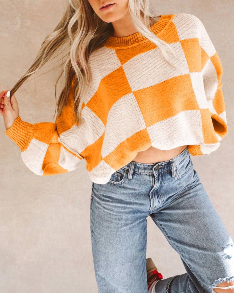 Orange Checkered Crewneck Sweater
