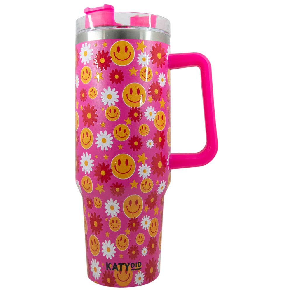 Red Flower Happy Face Stainless Steel Tumbler Cup