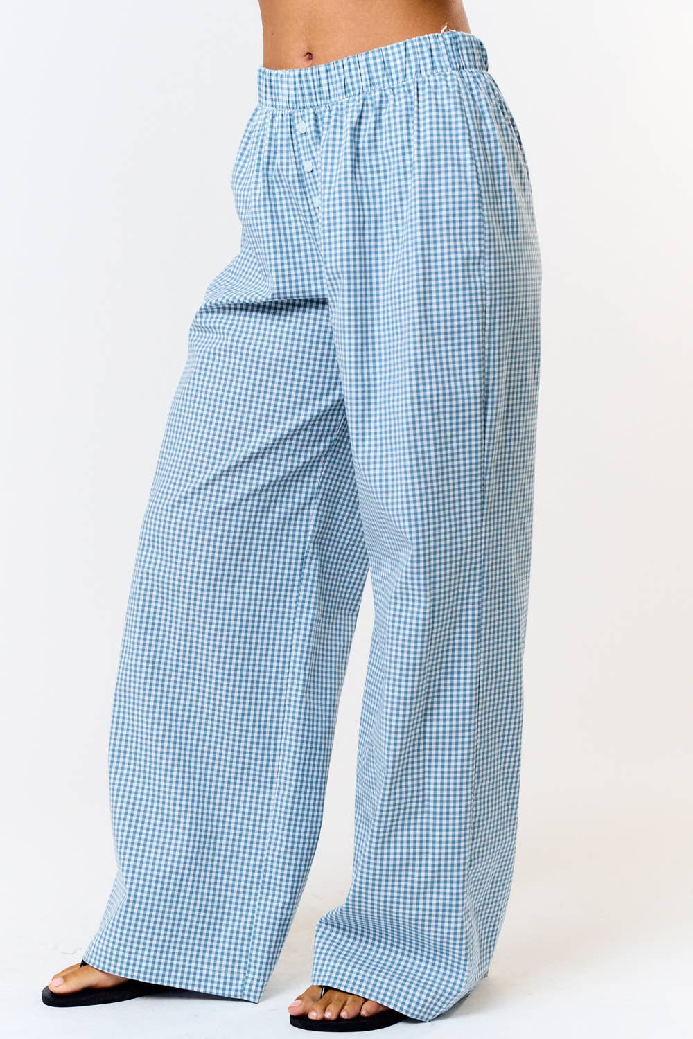 Gingham Plaid Wide Leg Lounge Pant - Blue