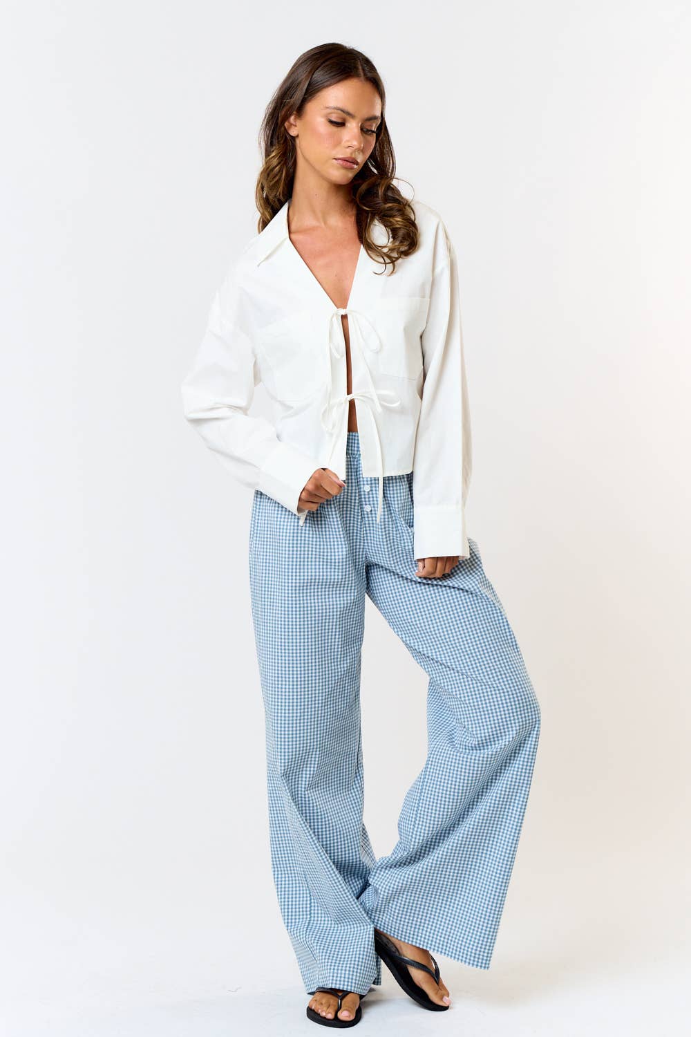 Gingham Plaid Wide Leg Lounge Pant - Blue