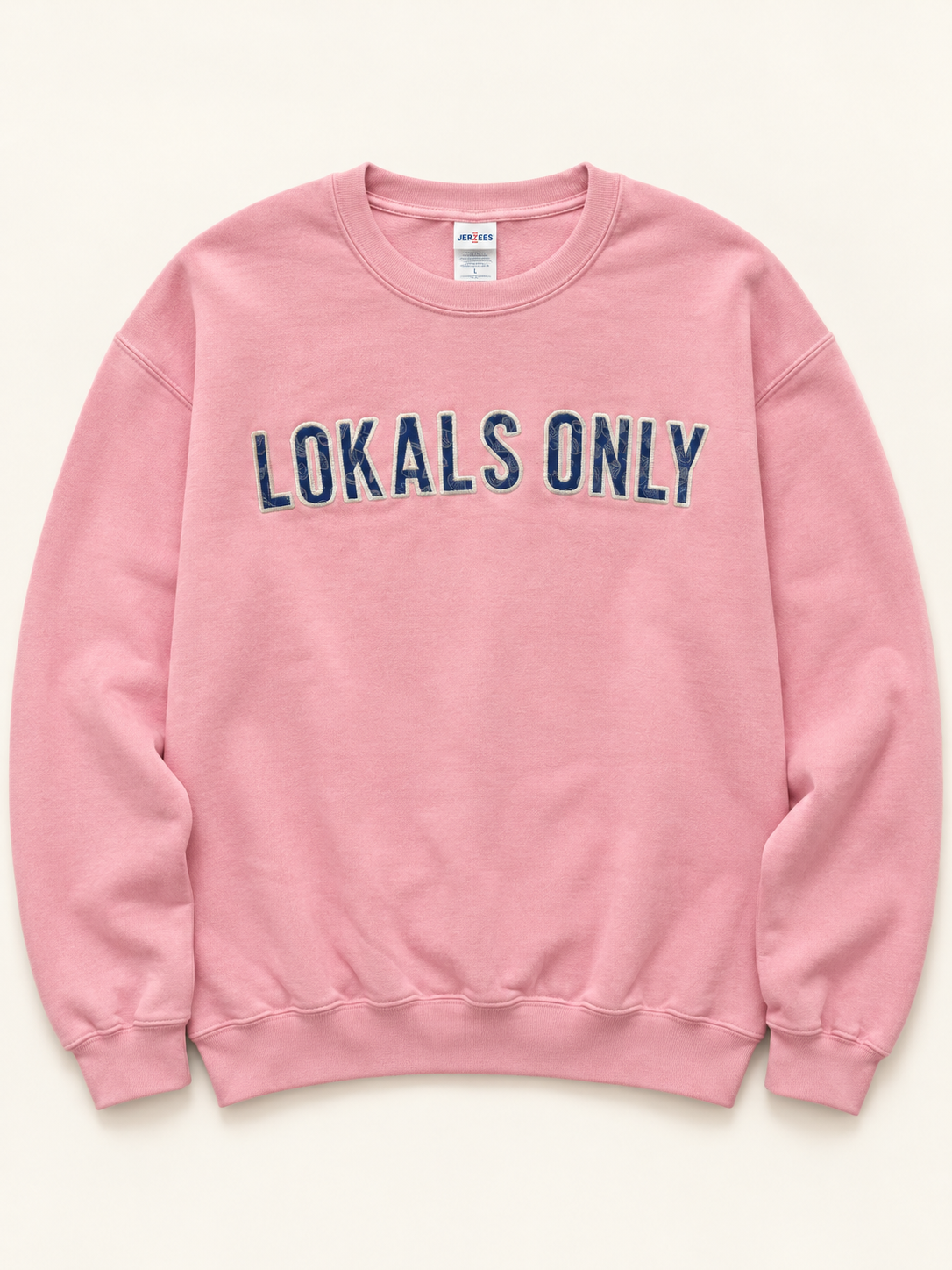 Lokals Only Crewneck flat lay showing patterned fabric applique with stitched edges