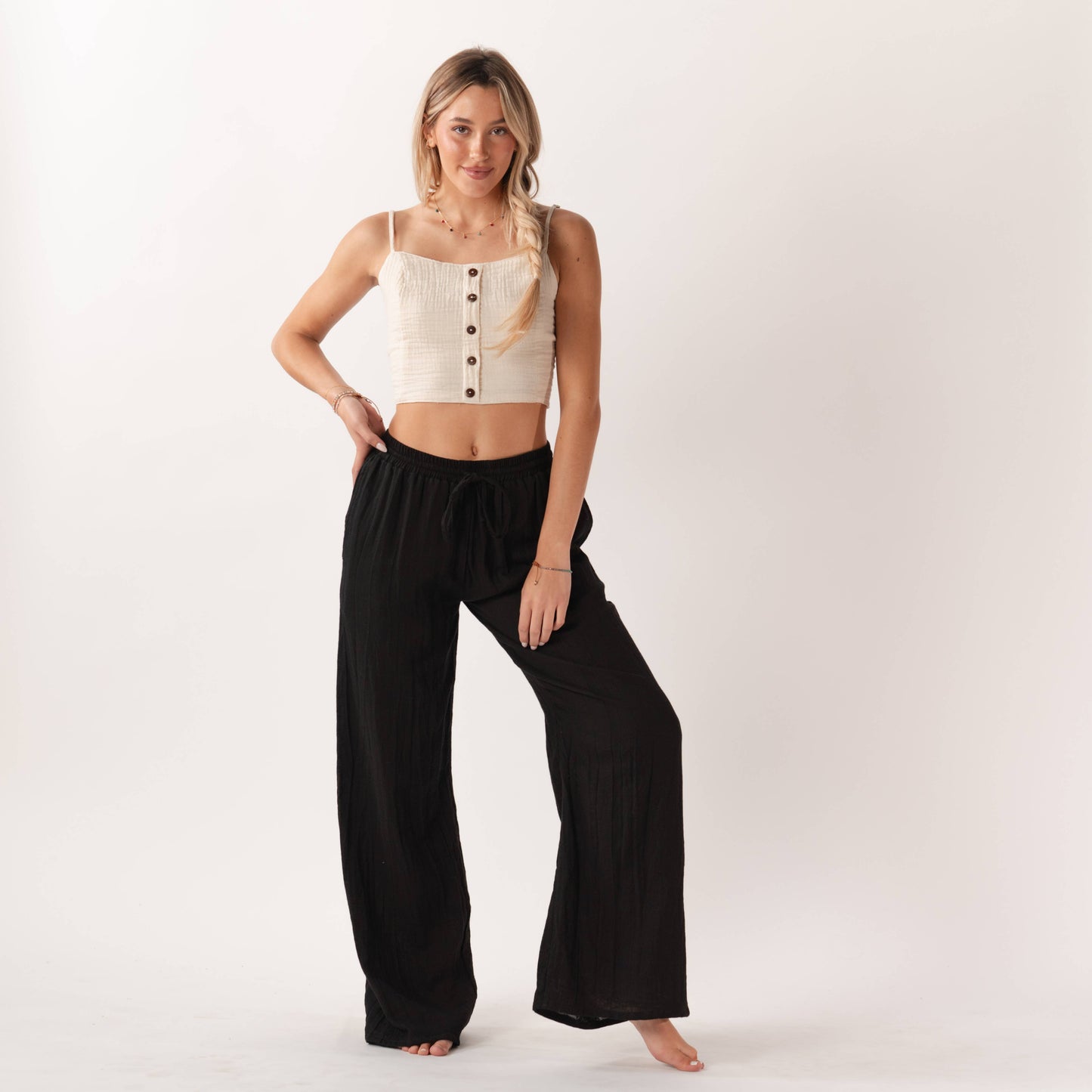 Black Wide Leg Cotton Drawstring Pants