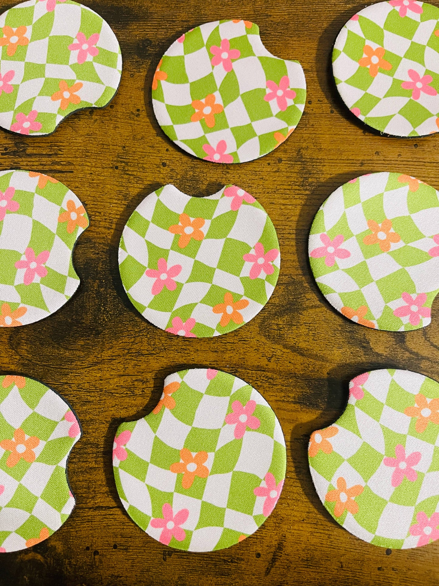 Groovy Green Check and Pink Daisy Design Car Coasters