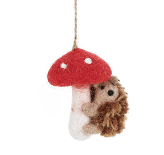 Handmade Felt Mushroom Hanging Hedgehog Ornament